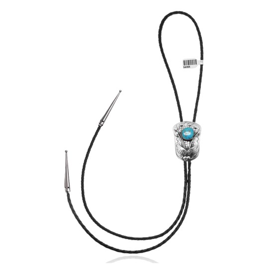 Leaf .925 Sterling Silver Certified Authentic Handmade Navajo Native American Natural Turquoise Bolo Tie 34355