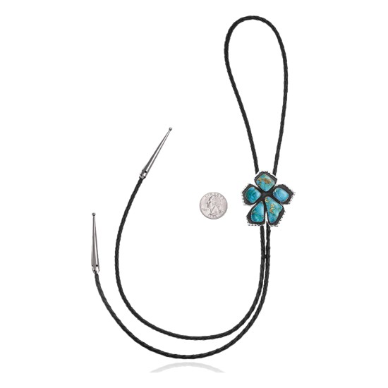 Flower .925 Sterling Silver Certified Authentic Handmade Navajo Native American Natural Turquoise Bolo Tie 34356