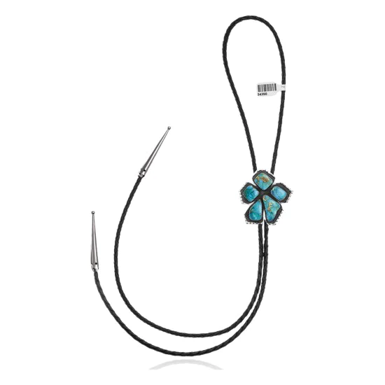 Flower .925 Sterling Silver Handmade Navajo Native American Natural Turquoise Bolo Tie 34356