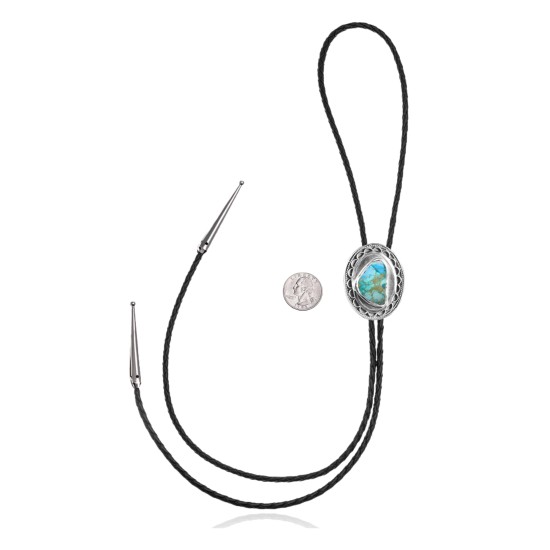Sun .925 Sterling Silver Certified Authentic Handmade Navajo Native American Natural Turquoise Bolo Tie 34359