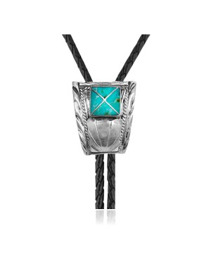 Wave .925 Sterling Silver Certified Authentic Handmade Navajo Native American Natural Turquoise Bolo Tie 34361