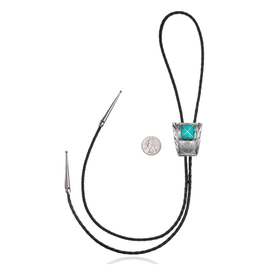 Wave .925 Sterling Silver Certified Authentic Handmade Navajo Native American Natural Turquoise Bolo Tie 34361