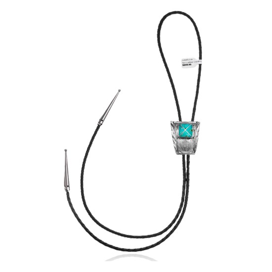 Wave .925 Sterling Silver Certified Authentic Handmade Navajo Native American Natural Turquoise Bolo Tie 34361