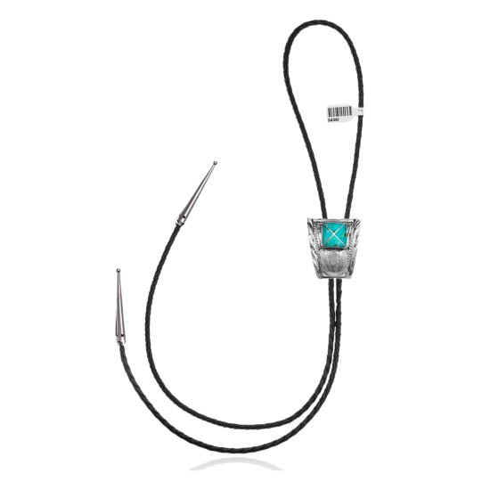 Wave .925 Sterling Silver Certified Authentic Handmade Navajo Native American Natural Turquoise Bolo Tie 34361