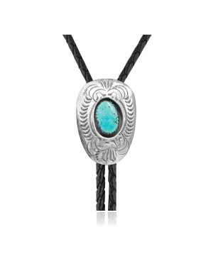 Wave .925 Sterling Silver Certified Authentic Handmade Navajo Native American Natural Turquoise Bolo 34362