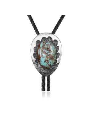 Leaf .925 Sterling Silver Certified Authentic Handmade Navajo Native American Natural Turquoise Bolo Tie 34365