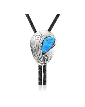 Leaf Swirl .925 Sterling Silver Certified Authentic Handmade Navajo Native American Natural Turquoise Bolo Tie 34366