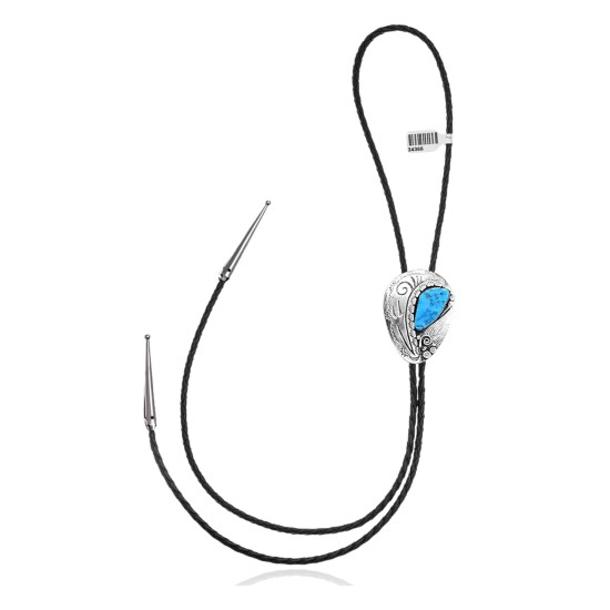 Leaf Swirl .925 Sterling Silver Certified Authentic Handmade Navajo Native American Natural Turquoise Bolo Tie 34366