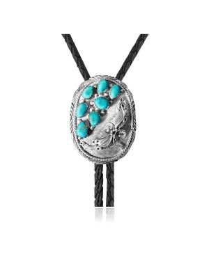 Flower Leaf .925 Sterling Silver Certified Authentic Handmade Navajo Native American Natural Turquoise Bolo Tie 34368