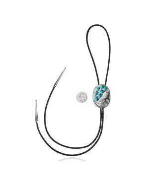 Flower Leaf .925 Sterling Silver Certified Authentic Handmade Navajo Native American Natural Turquoise Bolo Tie 34368