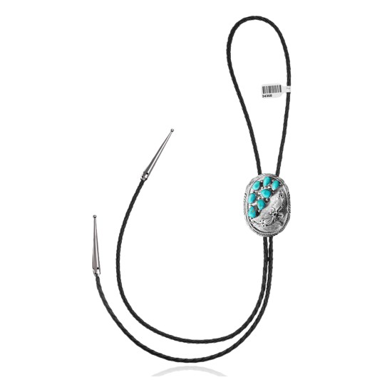 Flower Leaf .925 Sterling Silver Certified Authentic Handmade Navajo Native American Natural Turquoise Bolo Tie 34368