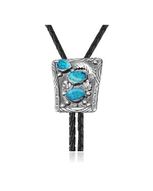 Flower Leaf .925 Sterling Silver Certified Authentic Handmade Navajo Native American Natural Turquoise Bolo Tie 34369