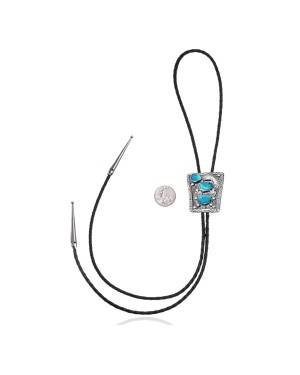 Flower Leaf .925 Sterling Silver Certified Authentic Handmade Navajo Native American Natural Turquoise Bolo Tie 34369