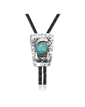 Leaf Mountain .925 Sterling Silver Certified Authentic Handmade Navajo Native American Natural Turquoise Bolo Tie 34371
