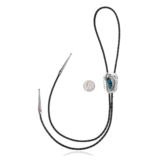Leaf Feather .925 Sterling Silver Certified Authentic Handmade Navajo Native American Natural Turquoise Bolo Tie 34372