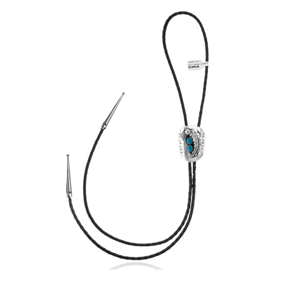 Leaf Feather .925 Sterling Silver Certified Authentic Handmade Navajo Native American Natural Turquoise Bolo Tie 34372
