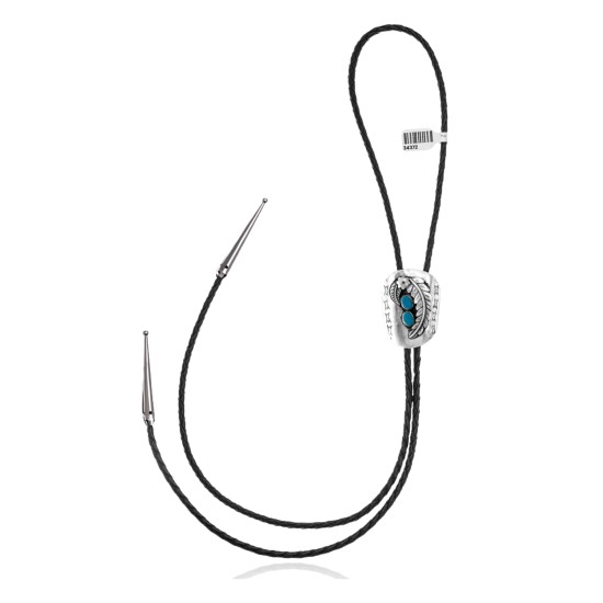 Leaf Feather .925 Sterling Silver Certified Authentic Handmade Navajo Native American Natural Turquoise Bolo Tie 34372