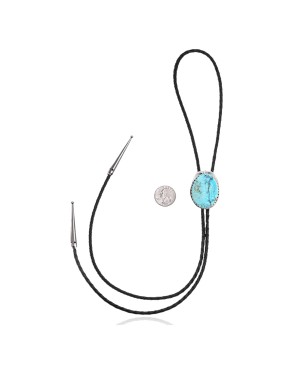Wave .925 Sterling Silver Certified Authentic Handmade Navajo Native American Natural Turquoise Bolo Tie 34375