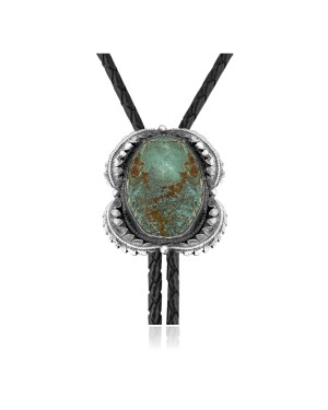 Leaf .925 Sterling Silver Certified Authentic Handmade Navajo Native American Natural Turquoise Bolo Tie 34376