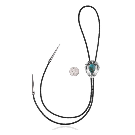 Leaf .925 Sterling Silver Certified Authentic Handmade Navajo Native American Natural Turquoise Bolo Tie 34378