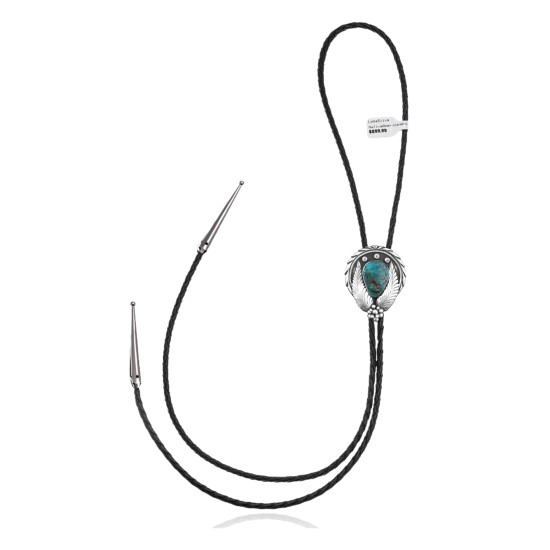 Leaf .925 Sterling Silver Certified Authentic Handmade Navajo Native American Natural Turquoise Bolo Tie 34378