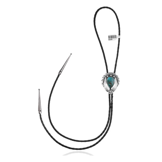 Leaf .925 Sterling Silver Certified Authentic Handmade Navajo Native American Natural Turquoise Bolo Tie 34378