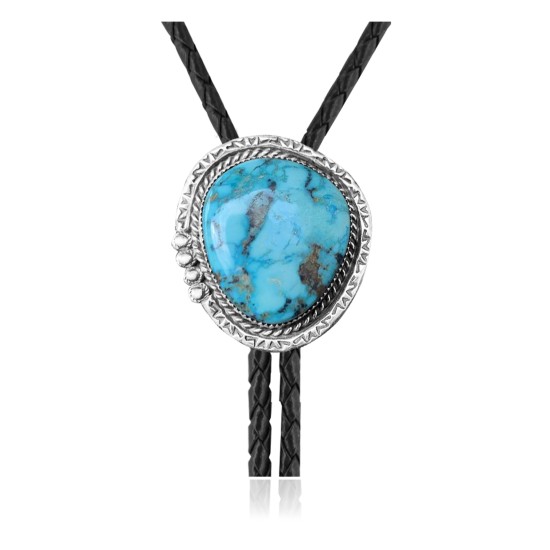 Wave .925 Sterling Silver Certified Authentic Handmade Navajo Native American Natural Turquoise Bolo Tie 34379