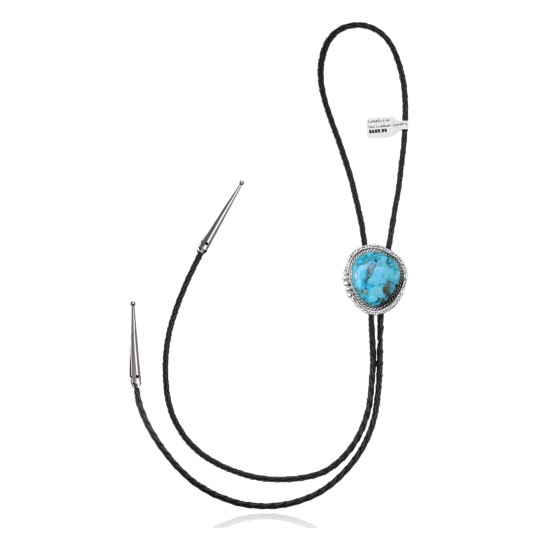 Wave .925 Sterling Silver Certified Authentic Handmade Navajo Native American Natural Turquoise Bolo Tie 34379