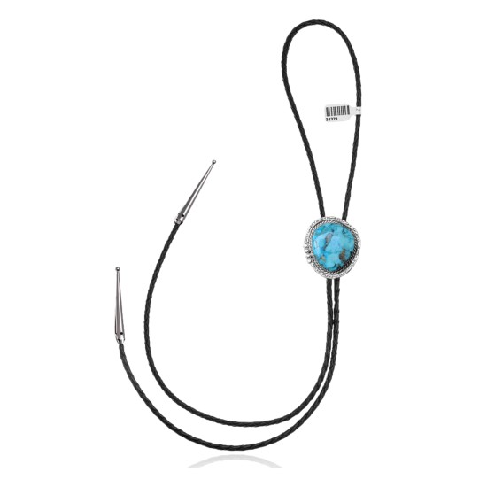 Wave .925 Sterling Silver Certified Authentic Handmade Navajo Native American Natural Turquoise Bolo Tie 34379