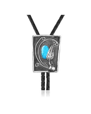 Leaf .925 Sterling Silver Certified Authentic Handmade Navajo Native American Natural Turquoise Bolo Tie 34380