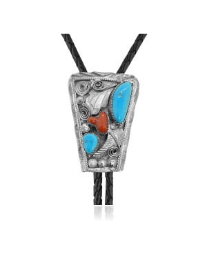 Leaf .925 Sterling Silver Certified Authentic Handmade Navajo Native American Natural Turquoise Coral Bolo Tie 34294