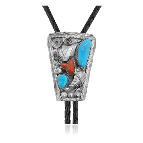 Leaf .925 Sterling Silver Certified Authentic Handmade Navajo Native American Natural Turquoise Coral Bolo Tie 34294 Leaf .925 Sterling Silver Certified Authentic Handmade Navajo Native American Natural Turquoise Coral Bolo Tie 34294