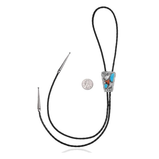 Leaf .925 Sterling Silver Certified Authentic Handmade Navajo Native American Natural Turquoise Coral Bolo Tie 34294 Leaf .925 Sterling Silver Certified Authentic Handmade Navajo Native American Natural Turquoise Coral Bolo Tie 34294