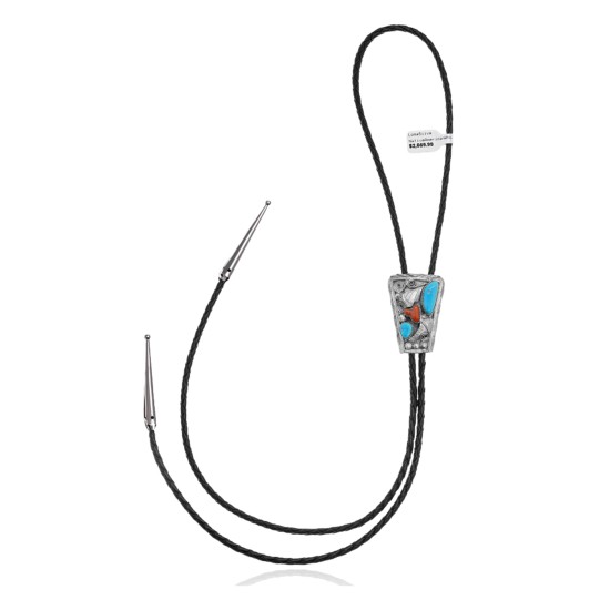 Leaf .925 Sterling Silver Certified Authentic Handmade Navajo Native American Natural Turquoise Coral Bolo Tie 34294 Leaf .925 Sterling Silver Certified Authentic Handmade Navajo Native American Natural Turquoise Coral Bolo Tie 34294