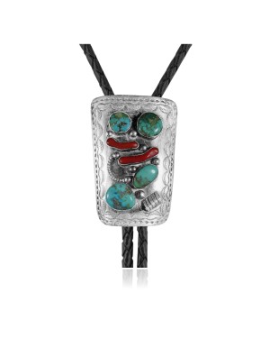 Wave .925 Sterling Silver Certified Authentic Handmade Navajo Native American Natural Turquoise Coral Bolo Tie 34299