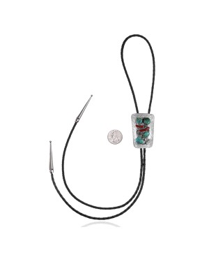 Wave .925 Sterling Silver Certified Authentic Handmade Navajo Native American Natural Turquoise Coral Bolo Tie 34299