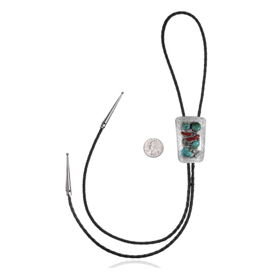 Wave .925 Sterling Silver Certified Authentic Handmade Navajo Native American Natural Turquoise Coral Bolo Tie 34299
