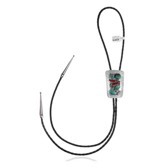 Wave .925 Sterling Silver Certified Authentic Handmade Navajo Native American Natural Turquoise Coral Bolo Tie 34299