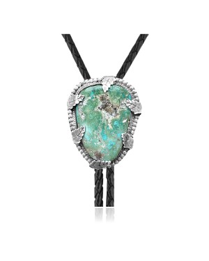 Leaf .925 Sterling Silver Certified Authentic Handmade Navajo Native American Natural Turquoise Bolo Tie 34381