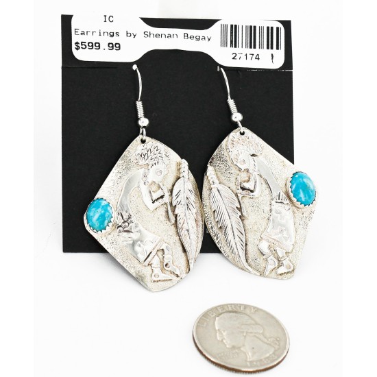 .925 Sterling Silver Handmade KOKOPELI Certified Authentic Navajo Natural Turquoise Dangle Native American Earrings 27174-1