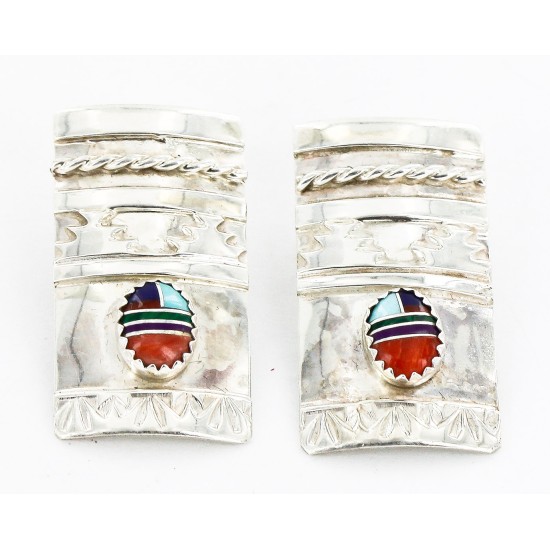 .925 Sterling Silver Handmade Certified Authentic Navajo Inlaid Natural Turquoise Multicolor Stud Native American Earrings 27177-4