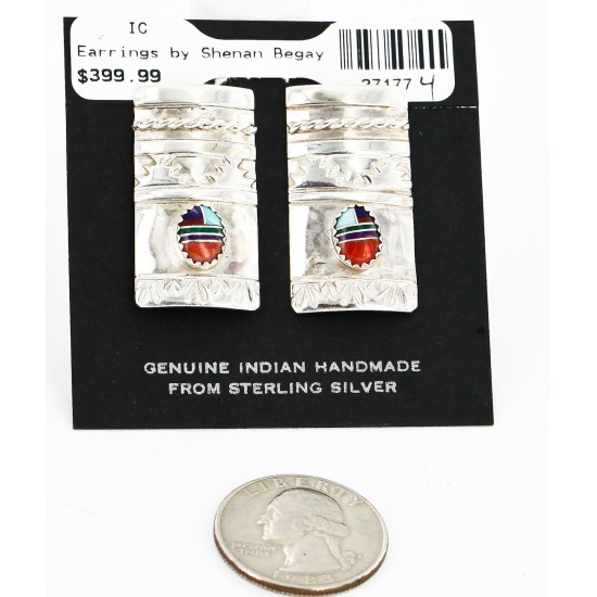 .925 Sterling Silver Handmade Certified Authentic Navajo Inlaid Natural Turquoise Multicolor Stud Native American Earrings 27177-4