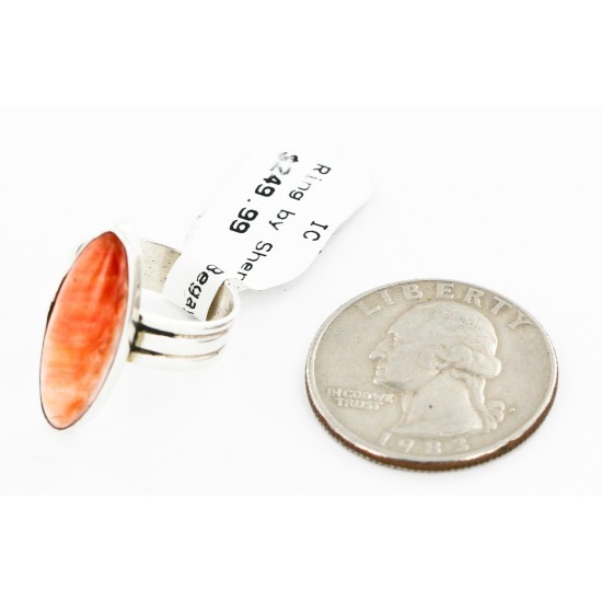 .925 Sterling Silver Handmade Certified Authentic Navajo Natural Spiny Oyster Native American Ring  26103-2