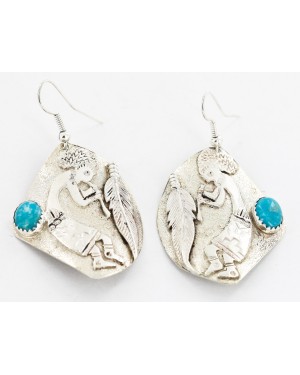 .925 Sterling Silver Handmade KOKOPELI Certified Authentic Navajo Natural Turquoise Dangle Native American Earrings 27174-1