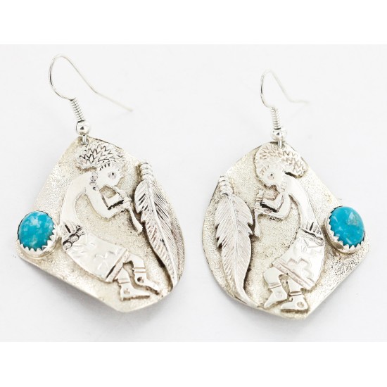 .925 Sterling Silver Handmade KOKOPELI Certified Authentic Navajo Natural Turquoise Dangle Native American Earrings 27174-1