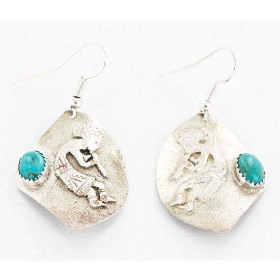 .925 Sterling Silver Handmade KOKOPELI Certified Authentic Navajo Natural Turquoise Dangle Native American Earrings 27177-3