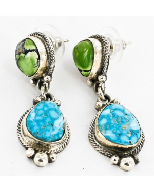 Certified Authentic Handmade Navajo .925 Sterling Silver Dangle Native American Earrings Natural Turquoise Gaspeite 27164