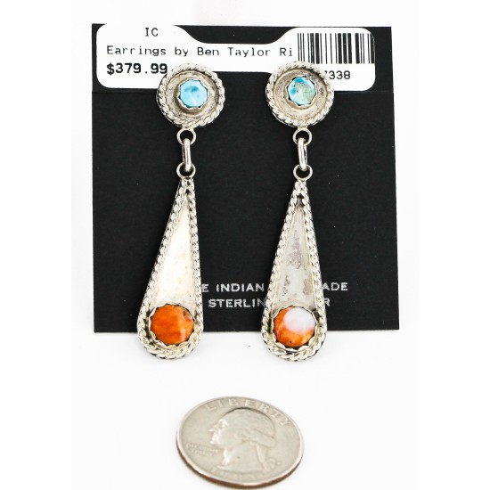 Certified Authentic Handmade Navajo .925 Sterling Silver Dangle Native American Earrings Natural Turquoise Spiny Oyster 17338