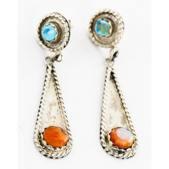 Certified Authentic Handmade Navajo .925 Sterling Silver Dangle Native American Earrings Natural Turquoise Spiny Oyster 17338