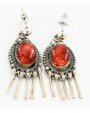 Certified Authentic Handmade Navajo .925 Sterling Silver Natural Spiny Oyster Native American Dangle Earrings 27163-3